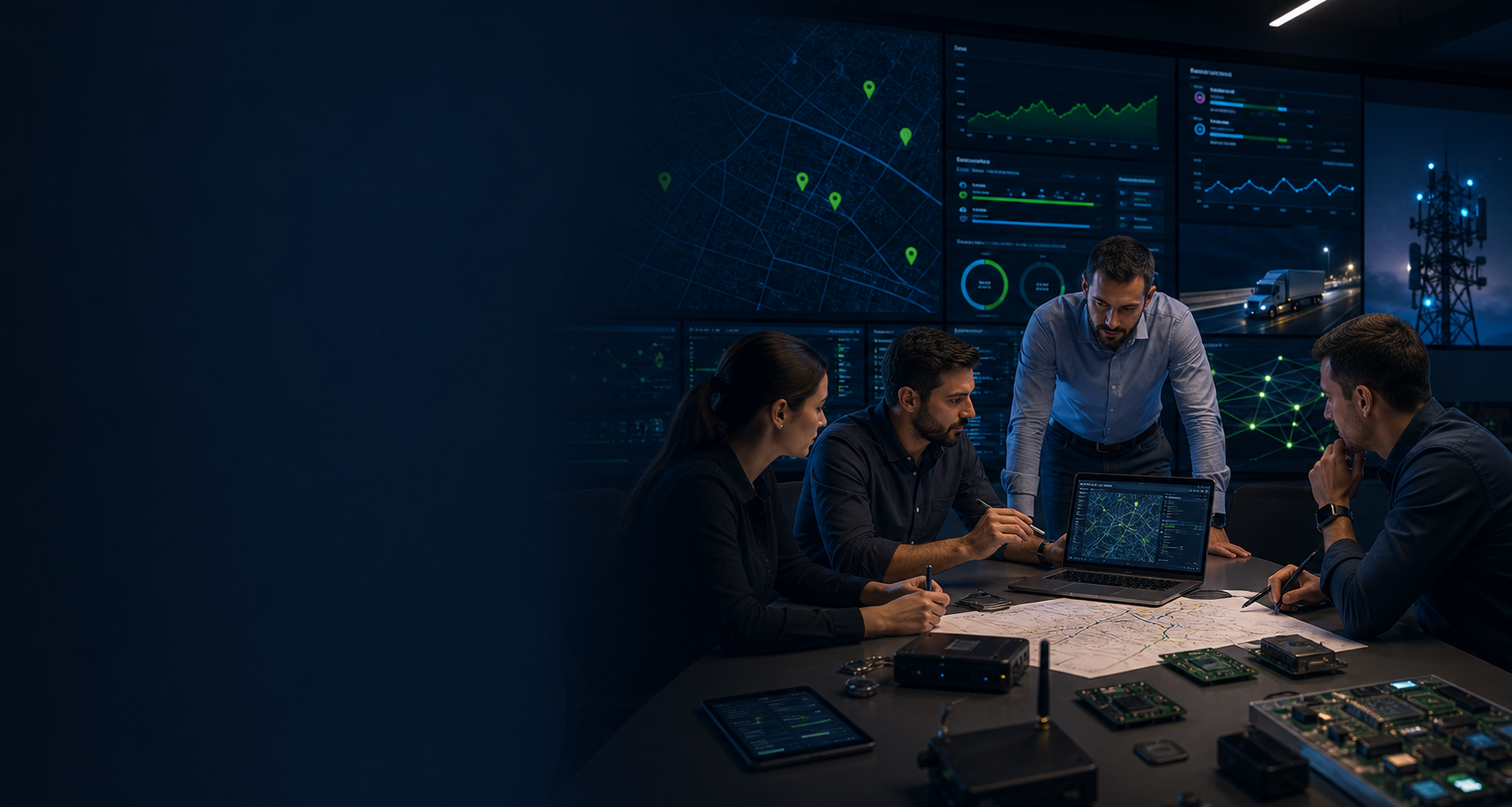 Socios especialistas analisando tecnologia de rastreamento e operacao